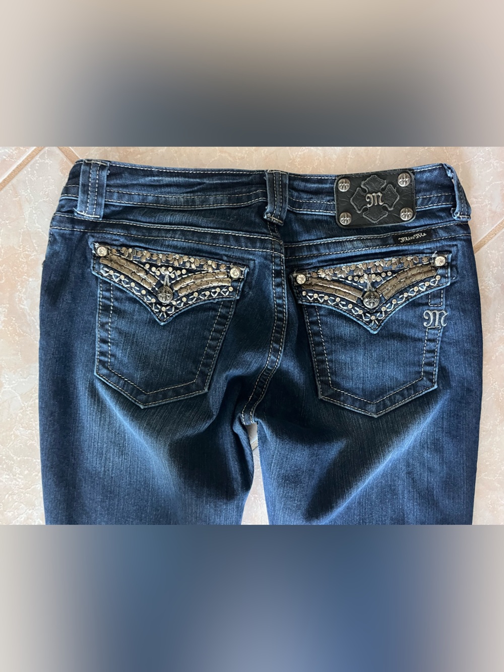Miss Me Dark Blue Bootcut Jeans with Embellished Back Pockets